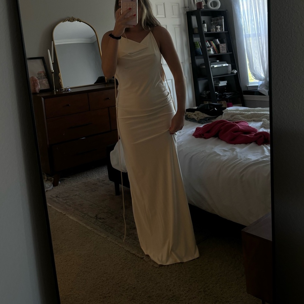 Long strappy cream open back dress
